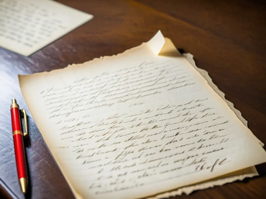 Un escritorio de madera vintage con notas manuscritas y un bolígrafo rojo