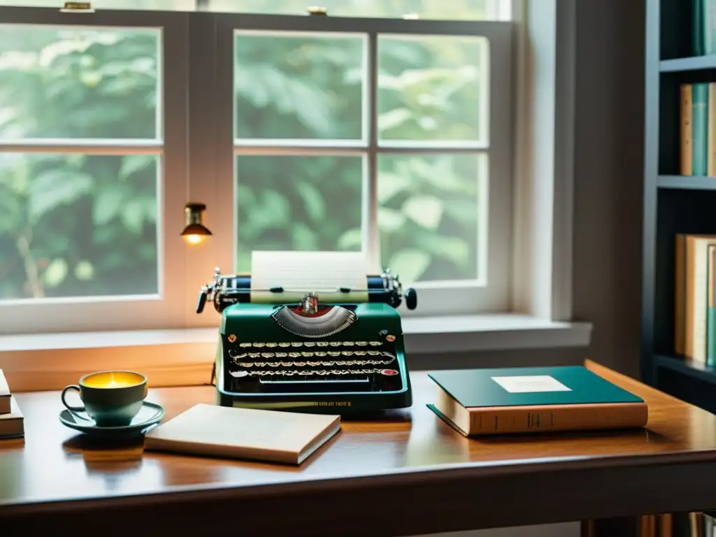 Escritorio minimalista con accesorios literarios vintage en luz natural