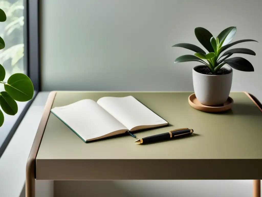 Escritorio minimalista bañado por luz natural para retiros de escritura Escritorio minimalista bañado en luz natural, con cuaderno, pluma y planta, ideal para preparativos para retiros de escritura