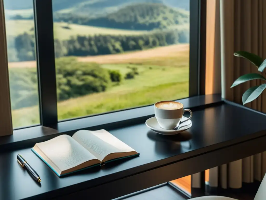 Un escritorio minimalista bañado en luz natural, con un diario, una pluma y una taza de café