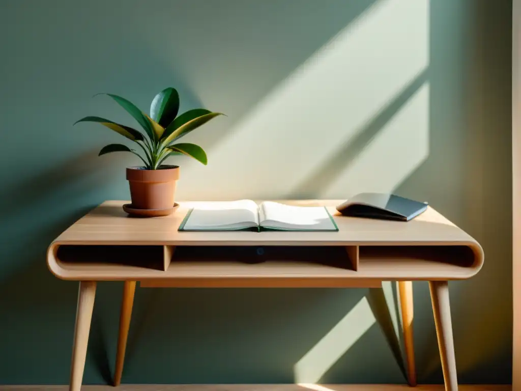 Escritorio minimalista bañado en luz natural, con bloc de notas y pluma elegante