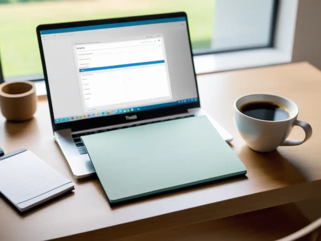 Un escritorio minimalista bañado por la luz natural, con un portátil, una taza de café y un bloc de notas con un lápiz