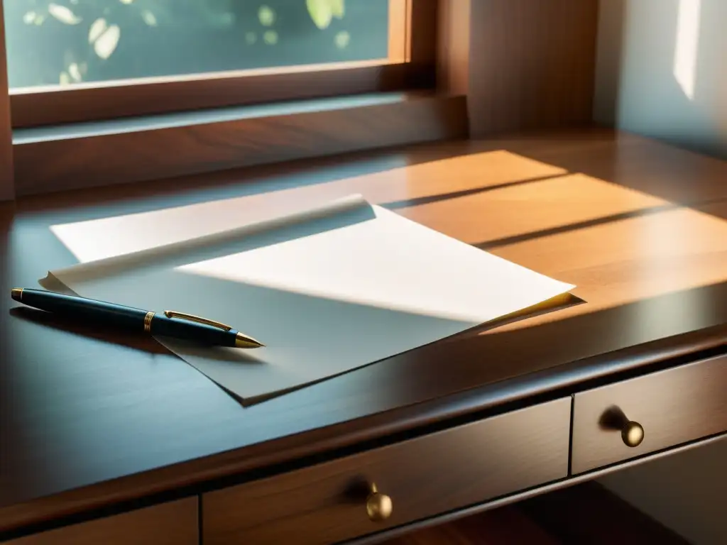 Un escritorio minimalista bañado en luz natural, con una elegante pluma sobre papel en blanco