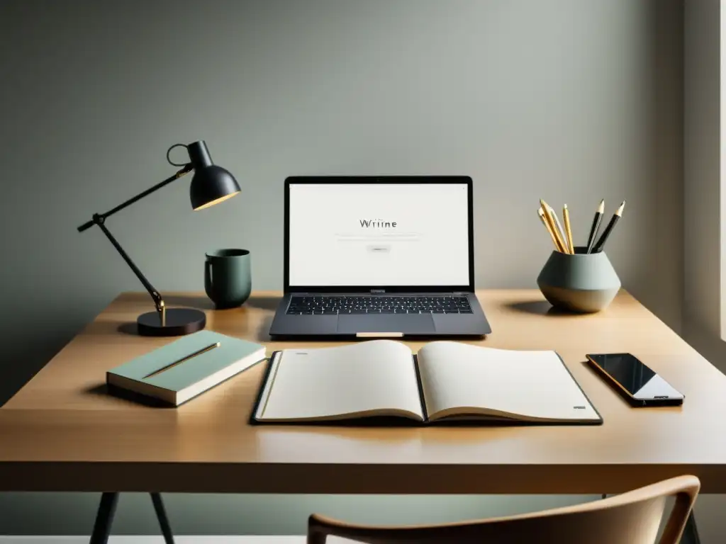 Escritorio minimalista bañado en luz natural, con laptop, cuadernos en blanco y una elegante pluma