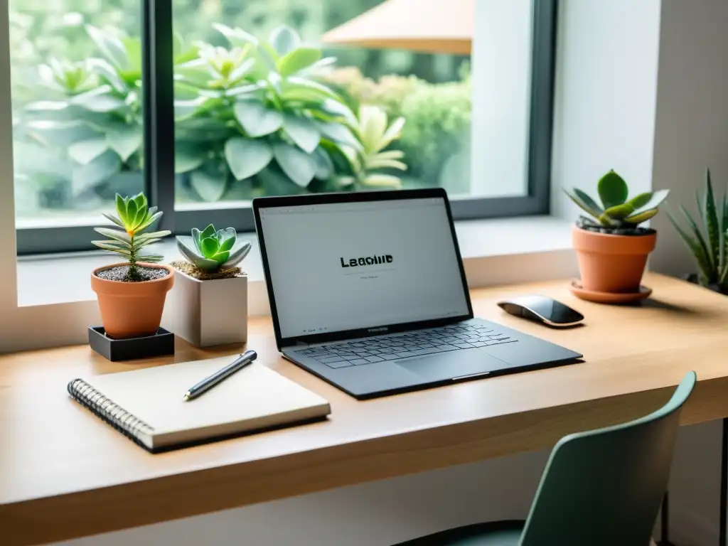 Un escritorio minimalista bañado en luz natural con laptop y cuaderno, ideal para técnicas de publicación para autores independientes