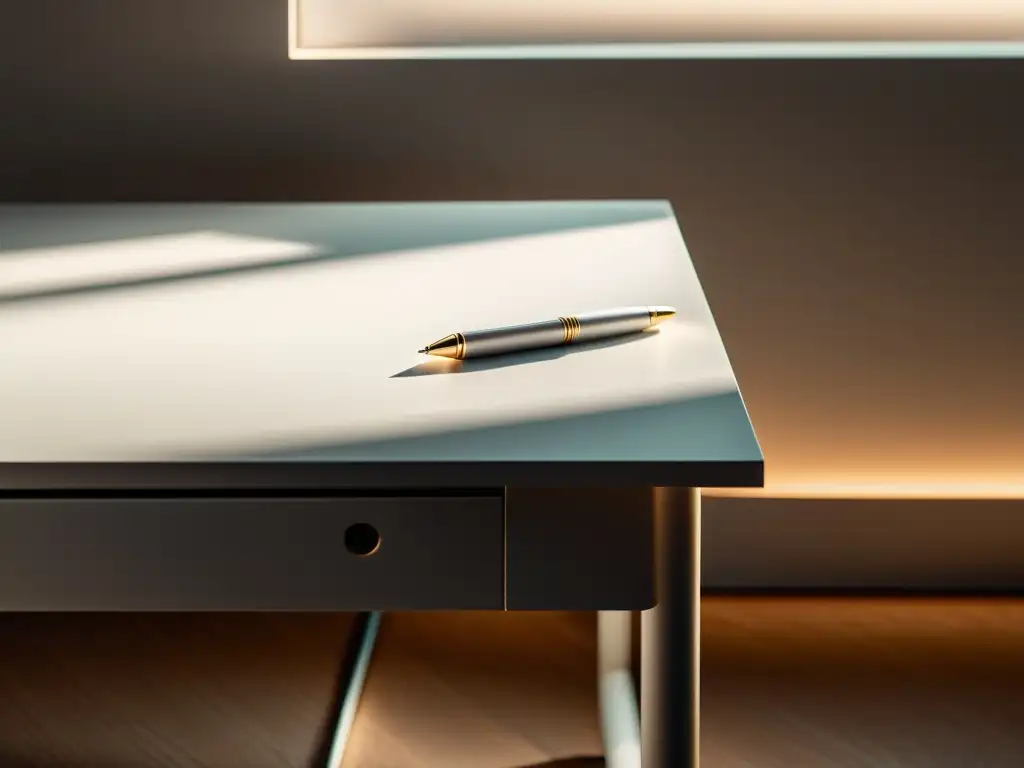 Escritorio minimalista: penumbra tranquila Escritorio minimalista blanco con pluma solitaria