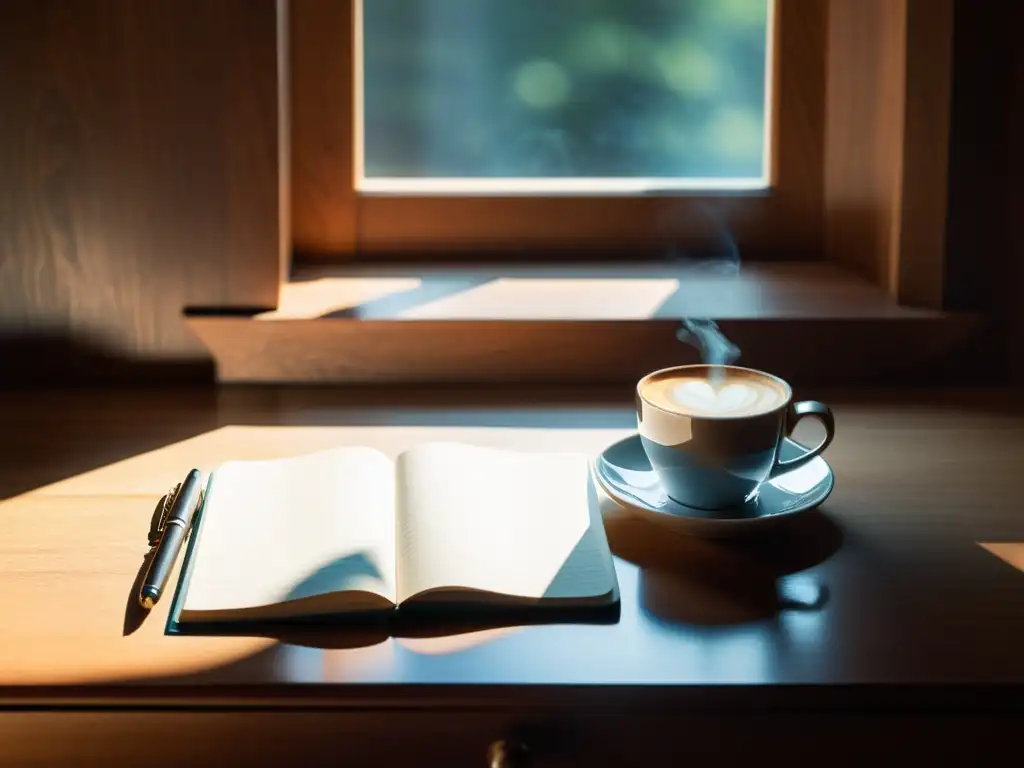 Escritorio minimalista con cuaderno en blanco, pluma y café humeante, bañado en suave luz natural