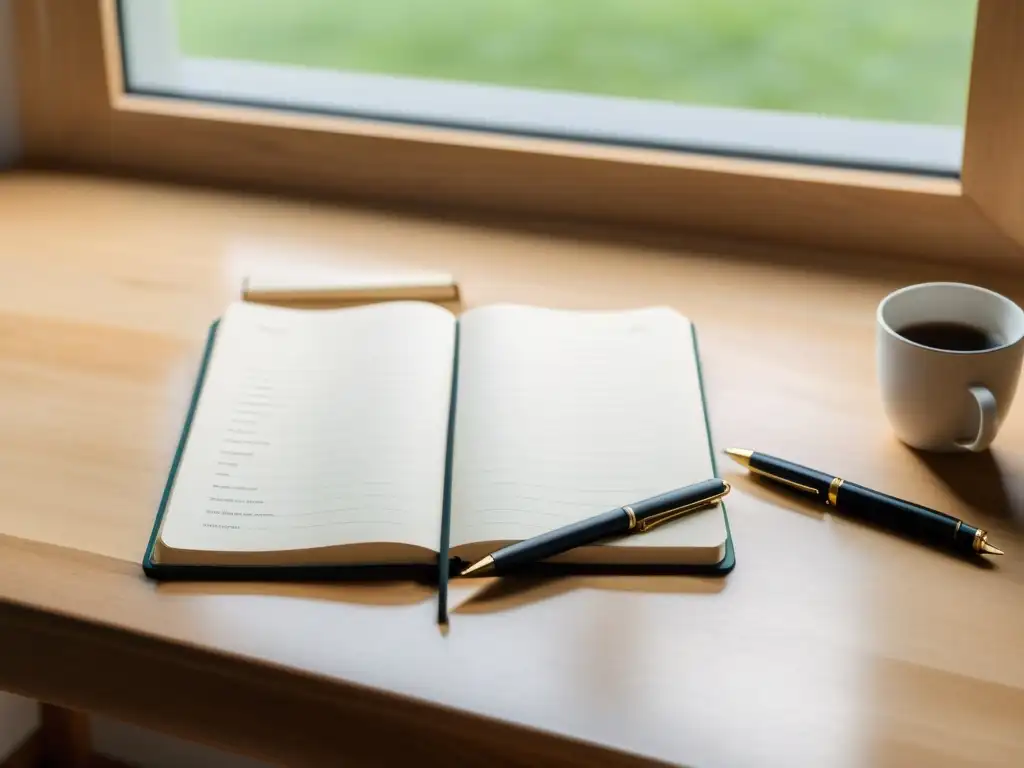 Escritorio minimalista con cuaderno en blanco, pluma y páginas sueltas de poesía