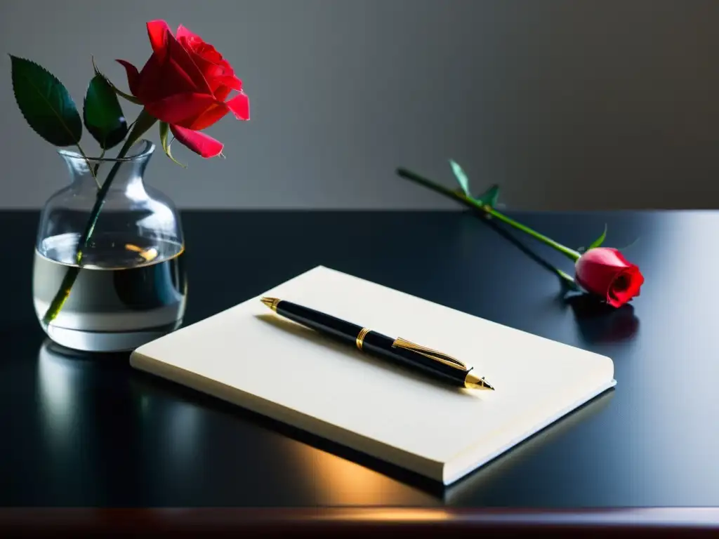 Escritorio minimalista con cuaderno en blanco, pluma y rosa roja