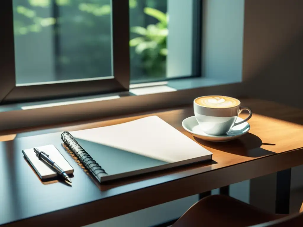 Un escritorio minimalista con cuaderno en blanco, elegante pluma y café, bañado en luz natural