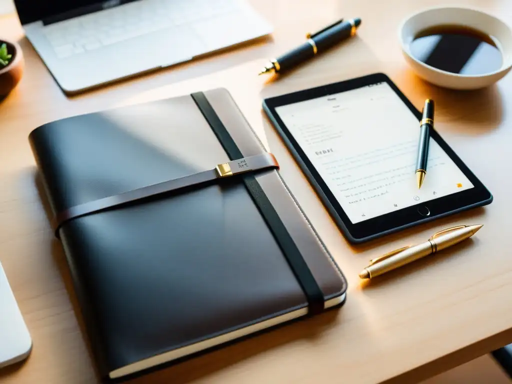 Un escritorio minimalista con cuaderno de cuero, pluma fuente y tablet con aplicación de escritura