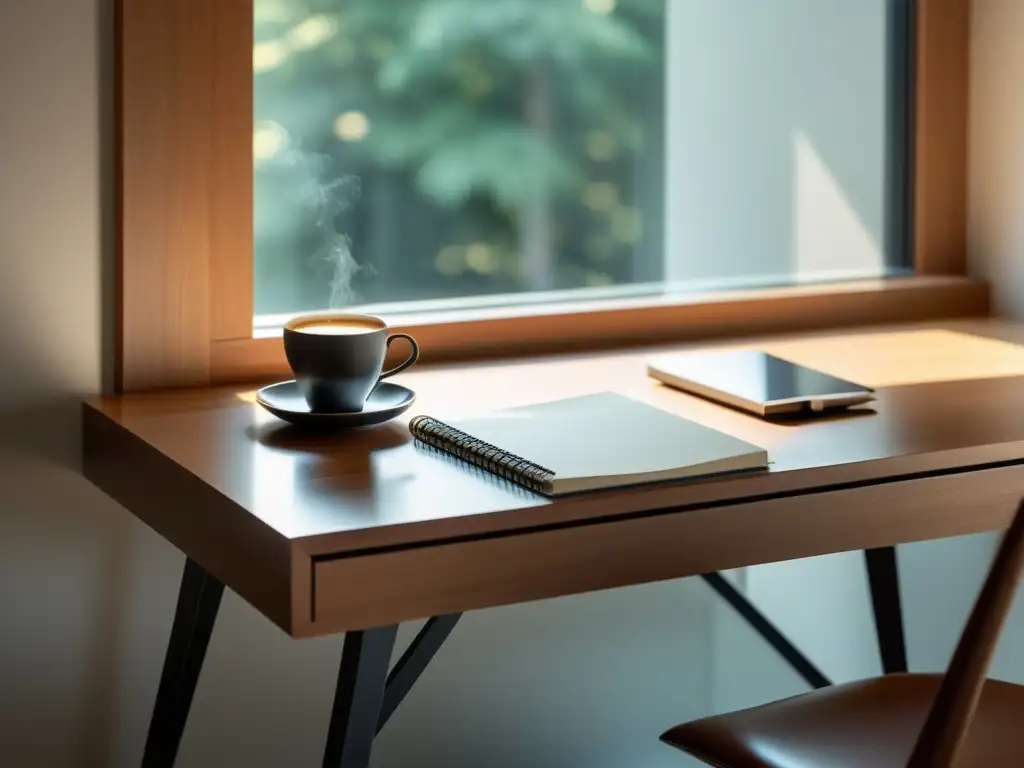 Un escritorio minimalista con cuaderno de diseñador, elegante pluma y café, bañado en luz natural