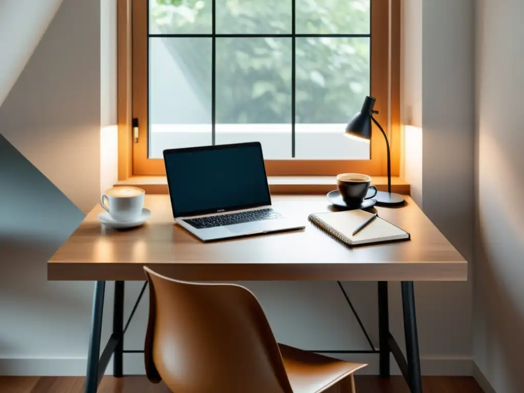 Un escritorio minimalista con un elegante portátil, una taza de café, un bloc de notas y un bolígrafo, bañados en suave luz natural