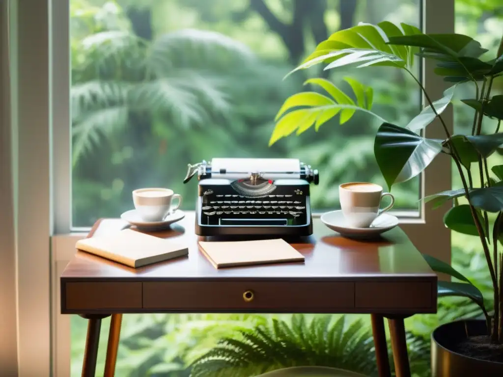 Un escritorio minimalista en un entorno de exuberante vegetación, con una máquina de escribir vintage, un diario de cuero y una taza de café humeante