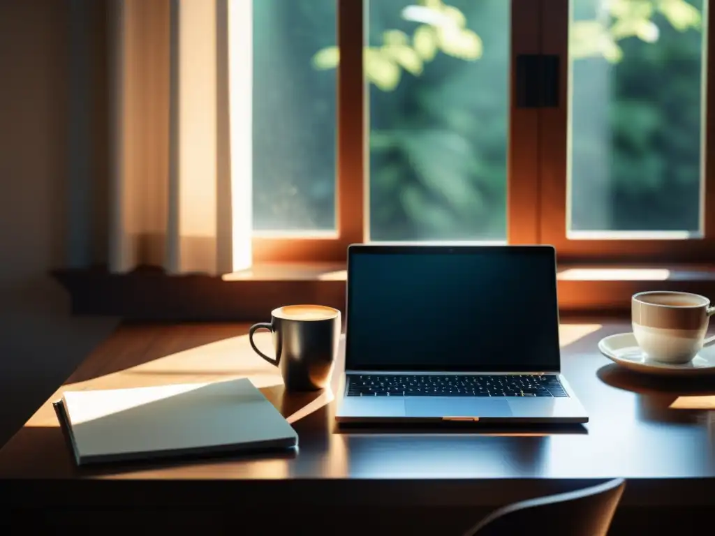 Escritorio minimalista de escritor con laptop, cuaderno, café y luz natural