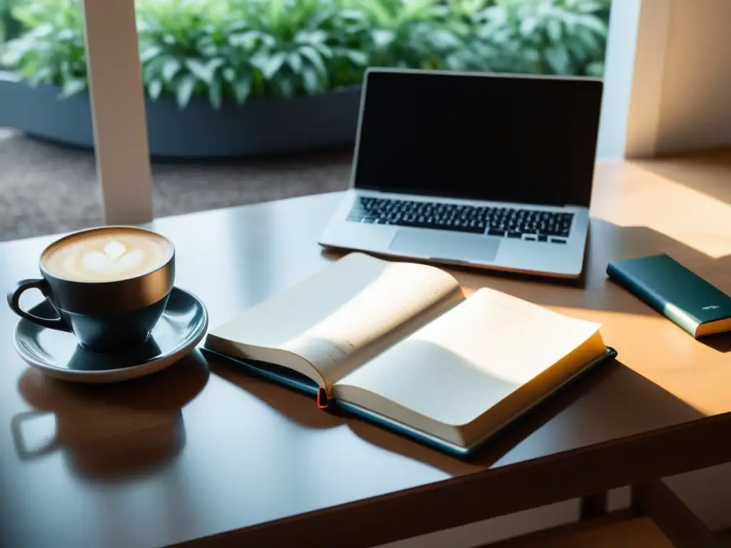 Escritorio minimalista de escritor con laptop, cuaderno y café, bañado en luz natural