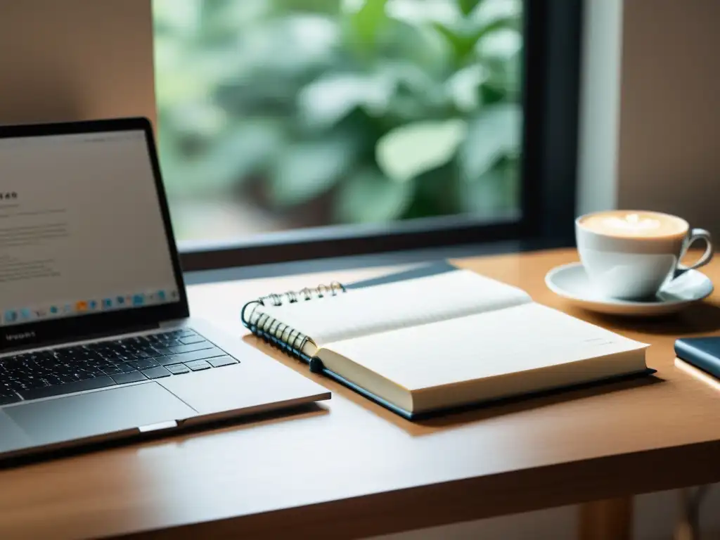 Escritorio minimalista de escritor con laptop, café, y técnica de creación sinopsis atractiva, bañado en luz natural