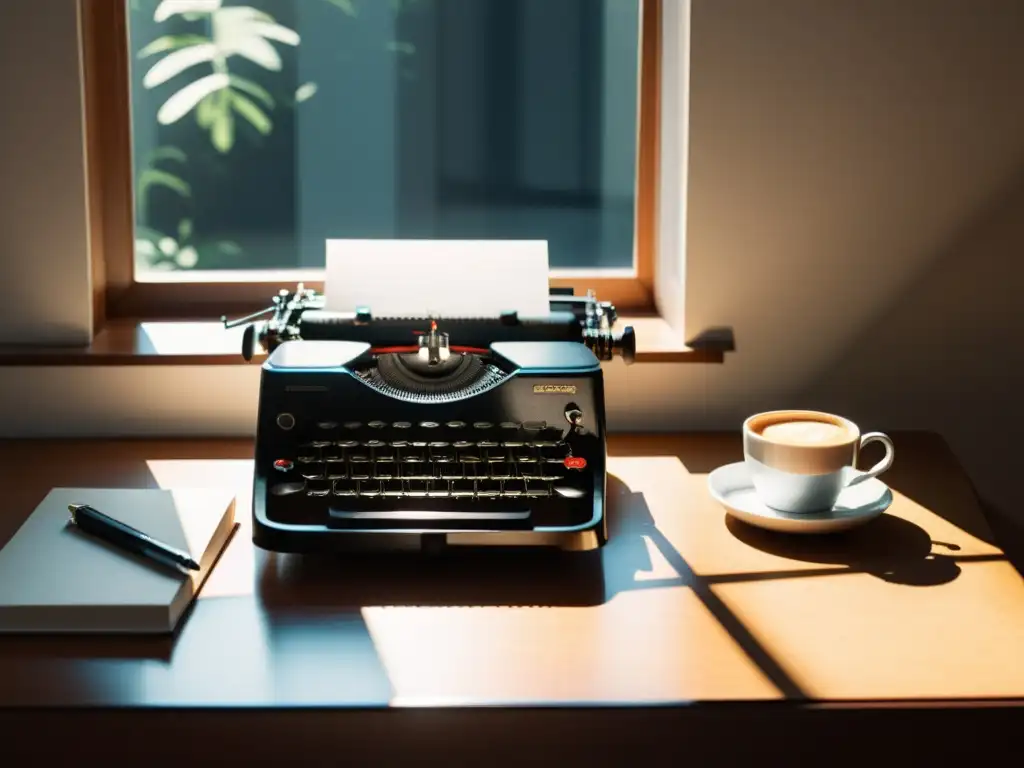 Escritorio minimalista de escritor con máquina de escribir, gafas y café