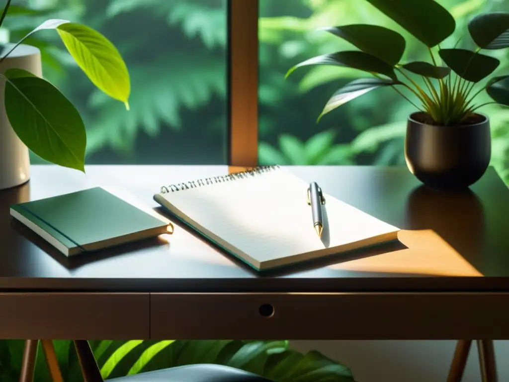 Un escritorio minimalista frente a exuberante vegetación, con un rayo de sol iluminando un cuaderno en blanco y una pluma