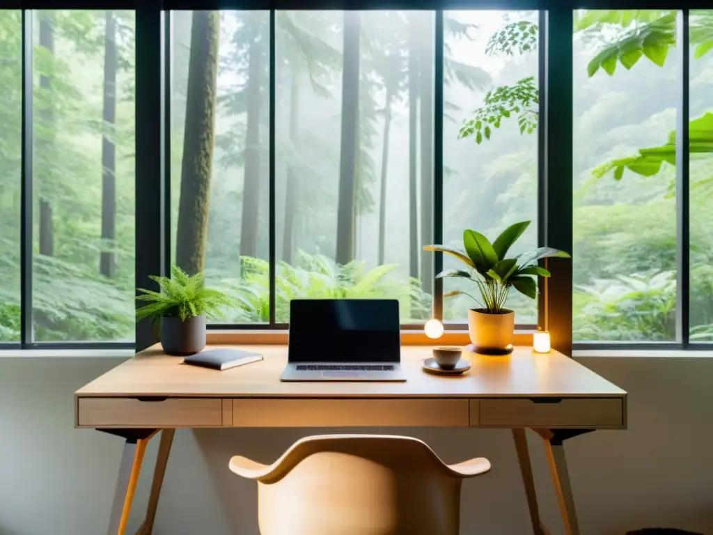 Escritorio minimalista frente a ventana con vista a bosque