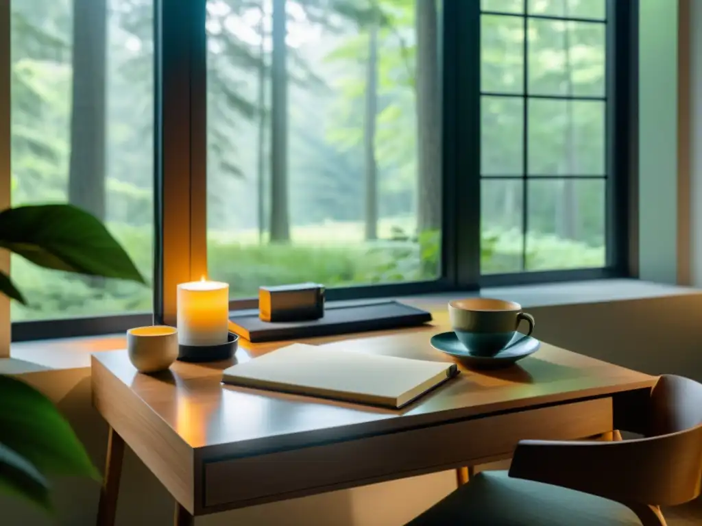 Escritorio minimalista frente a ventana con vista al bosque y taza de té, perfecto para retiros de escritura para finalizar proyecto