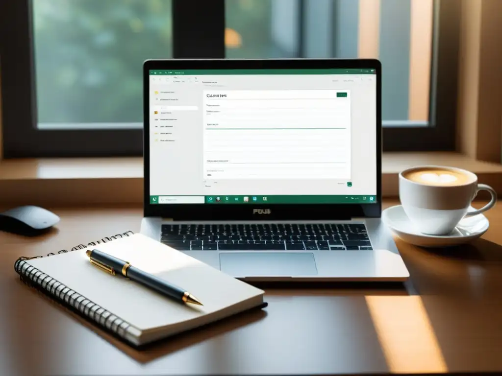 Escritorio minimalista con laptop, cuaderno y café, bañado en luz natural