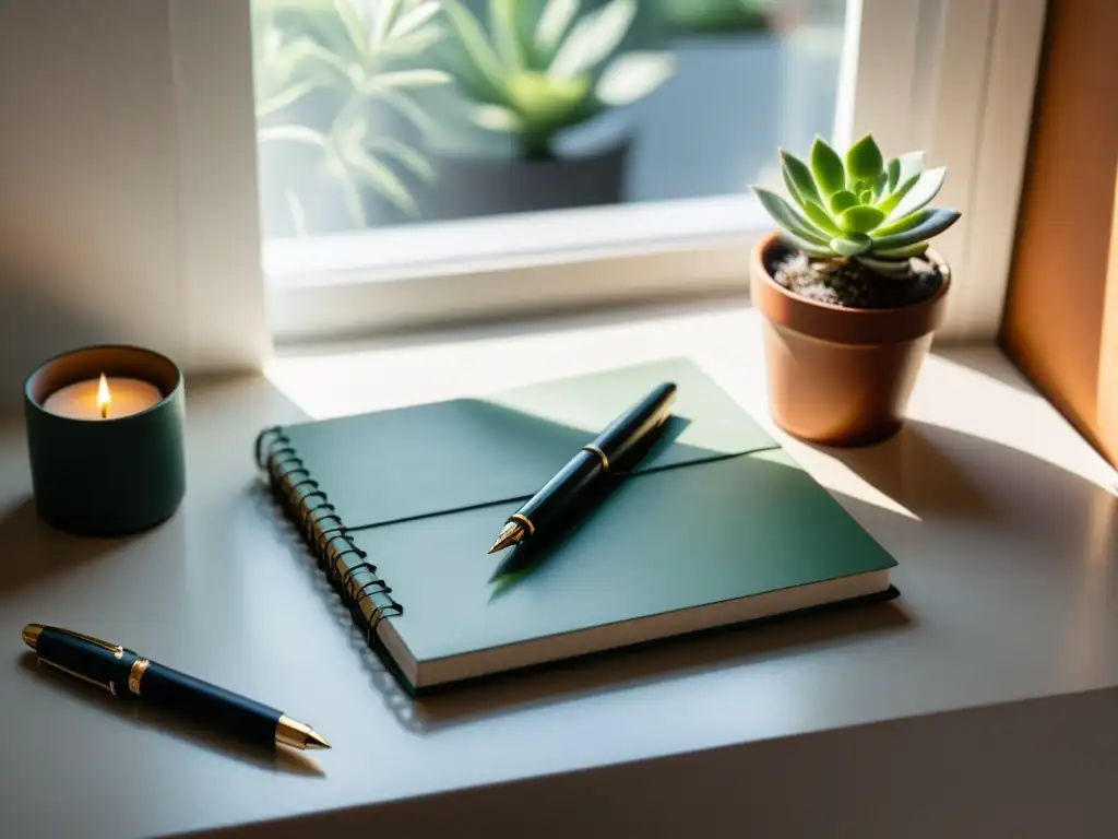 Escritorio minimalista con laptop, cuaderno, pluma vintage y suculenta