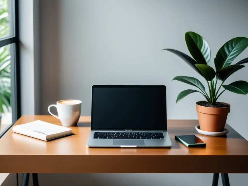 Escritorio minimalista con laptop, café, y cuaderno, bañado en luz natural