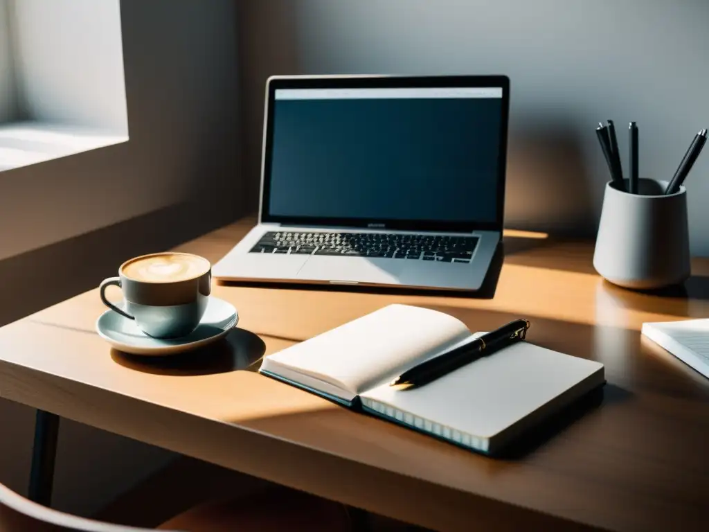 Escritorio minimalista con laptop, cuaderno, pluma y café