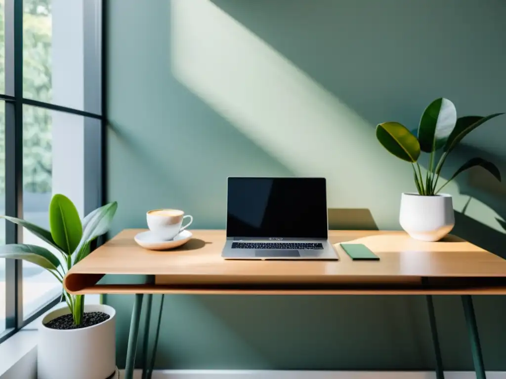 Escritorio minimalista con laptop, cuaderno y café, bañado en luz natural