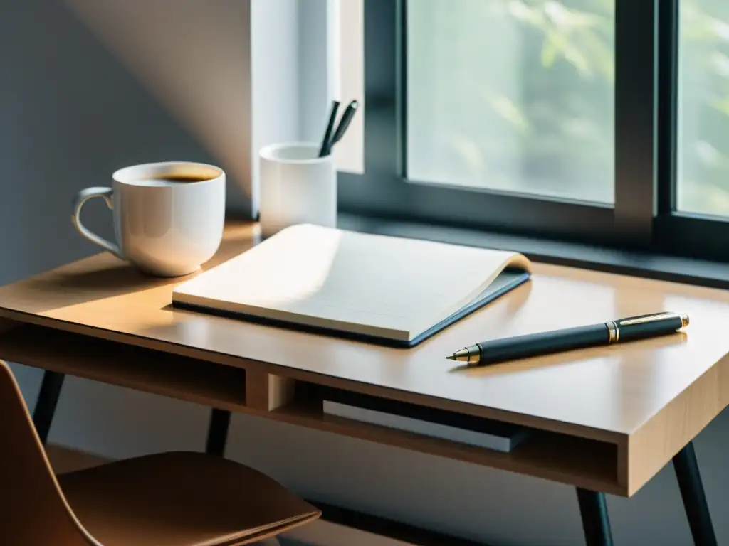 Escritorio minimalista con laptop, cuadernos y café, iluminado por luz natural