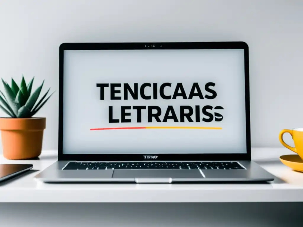 Escritorio minimalista con laptop, gráfico de tráfico web y la frase 'técnicas literarias para atraer lectores', ambiente profesional y enfocado