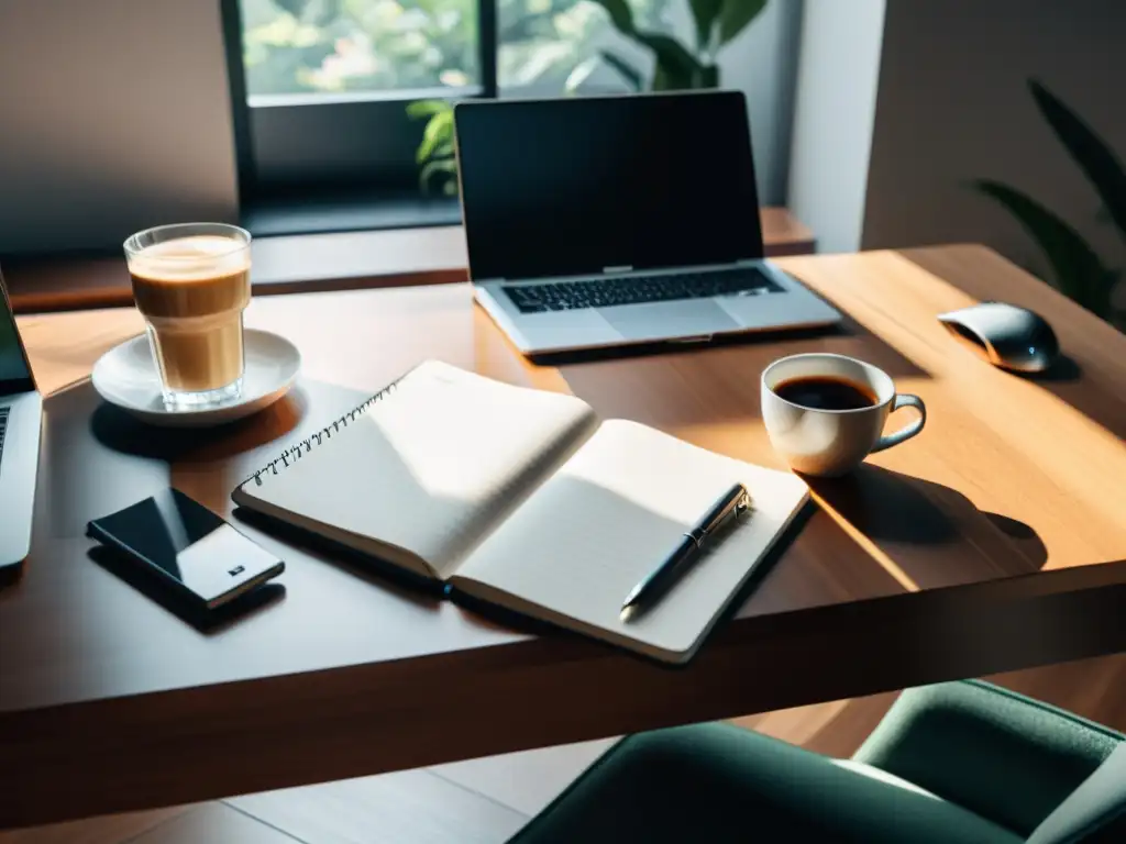 Escritorio minimalista con laptop, libreta y café iluminado por luz natural