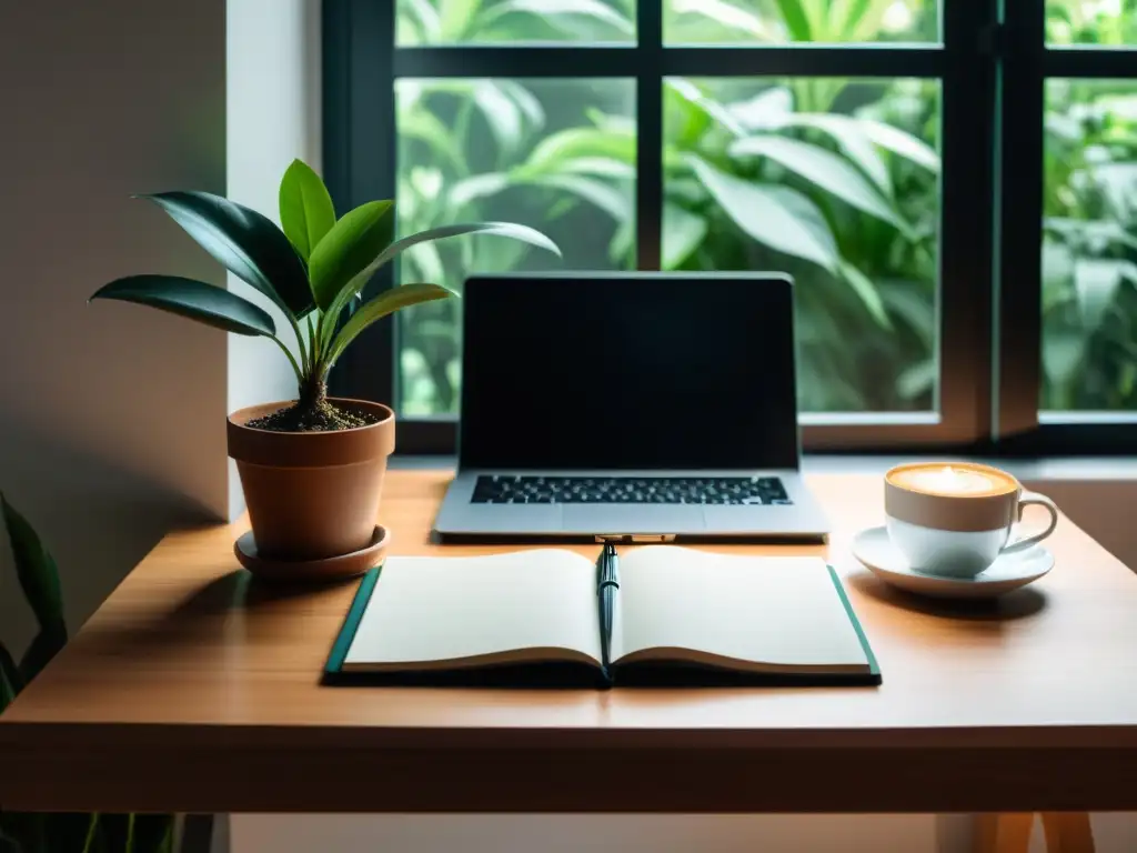 Un escritorio minimalista con laptop, libreta y planta