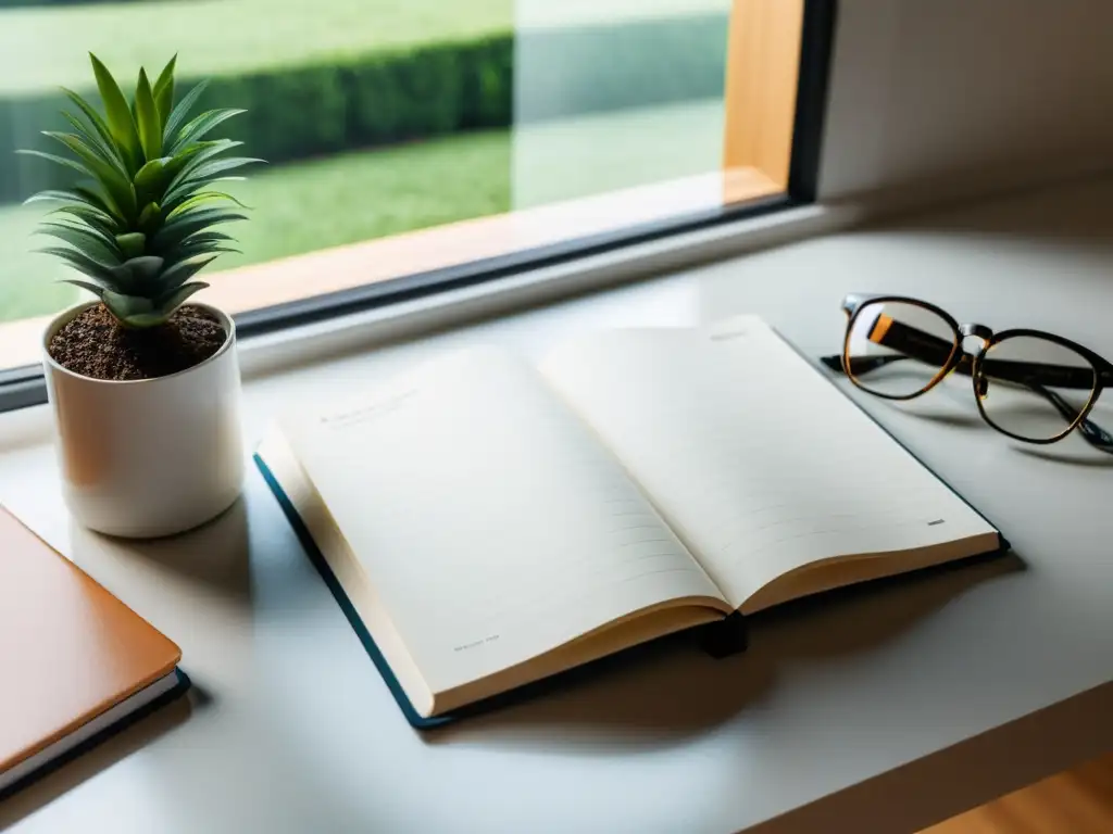 Escritorio minimalista con laptop, libro y gafas, bañado en luz natural