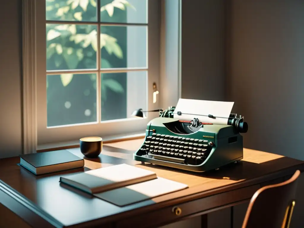 Escritorio minimalista con laptop, libros y máquina de escribir vintage, bañado en suave luz natural