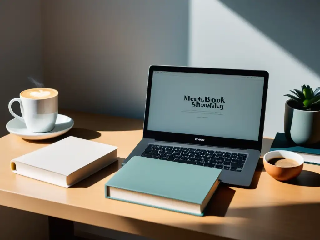 Un escritorio minimalista con laptop, libros y café