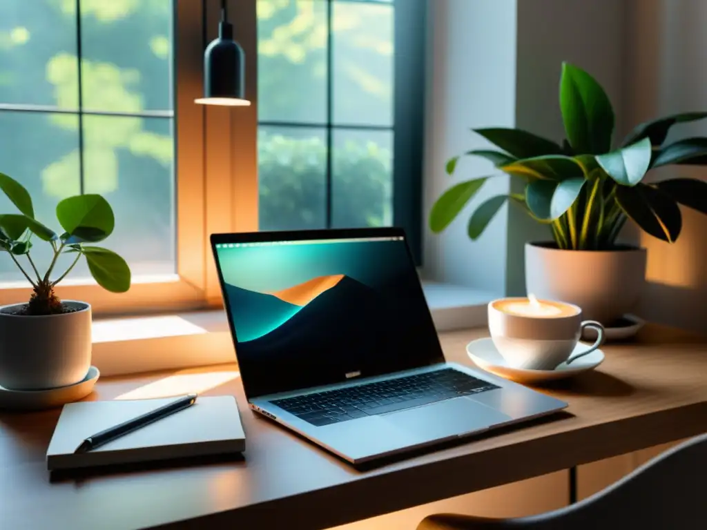 Escritorio minimalista con laptop, libros ordenados, café y plantas