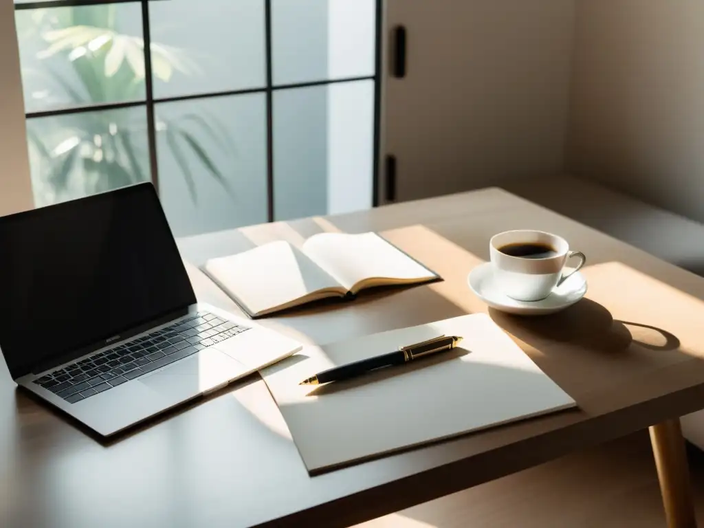 Escritorio minimalista con laptop, libros, café y pluma sobre papel en luz natural