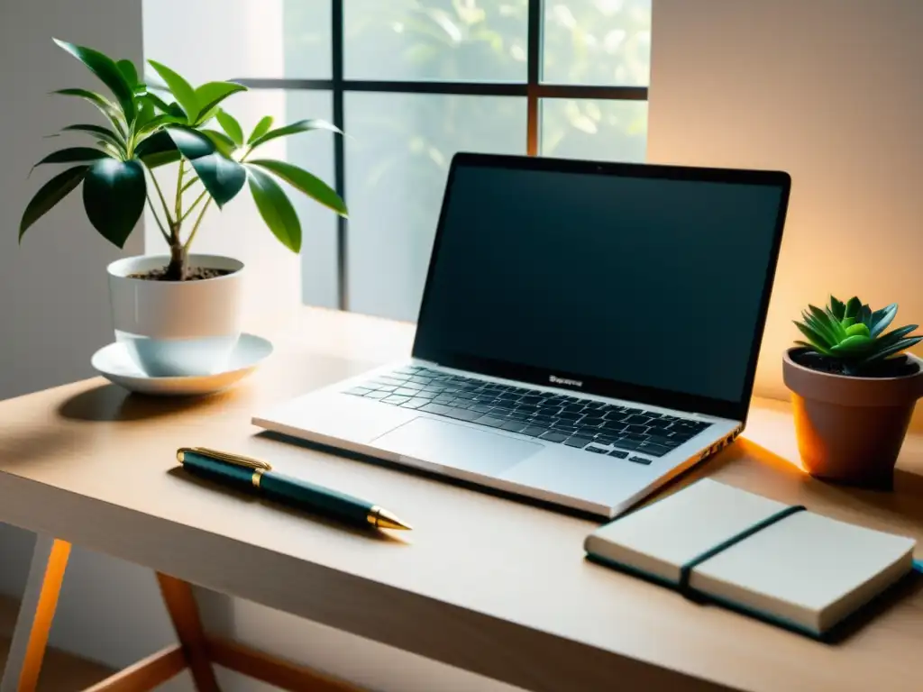 Un escritorio minimalista con laptop, libros, pluma y planta, bañado en luz natural