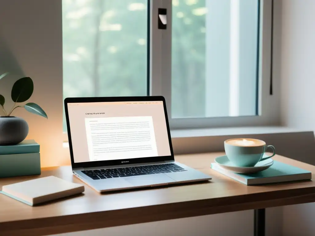 Escritorio minimalista con laptop, libros y café, bañado en luz natural