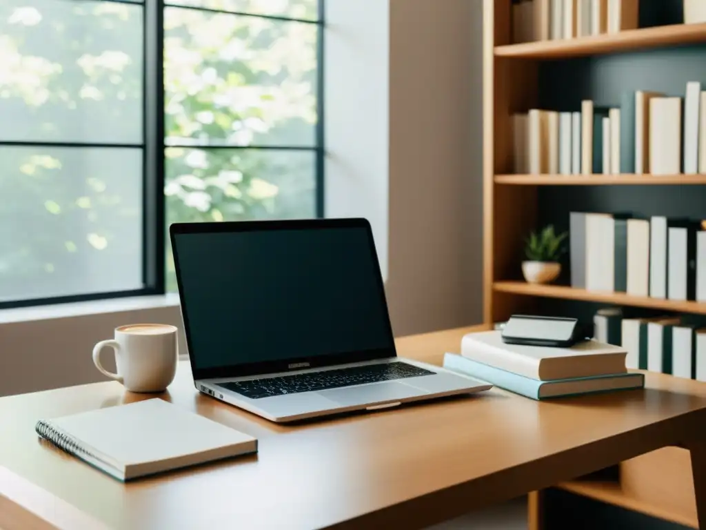 Un escritorio minimalista con laptop, libros y café, evocando productividad y estrategias para construir catálogo obras