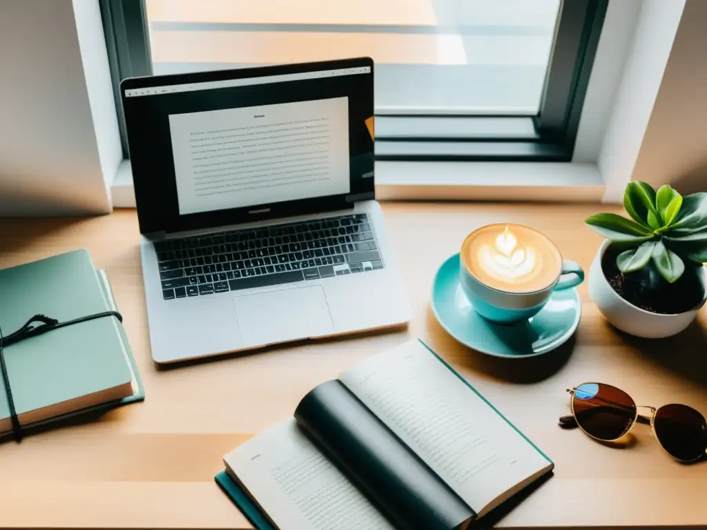 Escritorio minimalista con laptop, libros y café, iluminado por luz natural