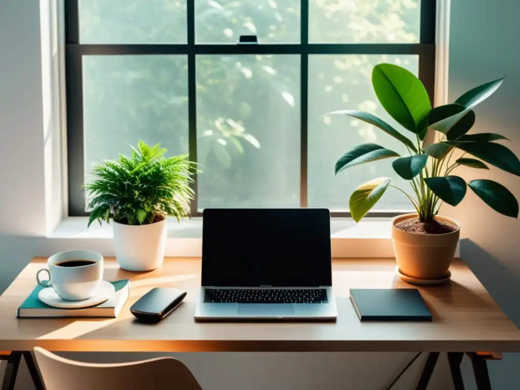 Un escritorio minimalista con laptop, libros, café y planta, bañado en luz natural