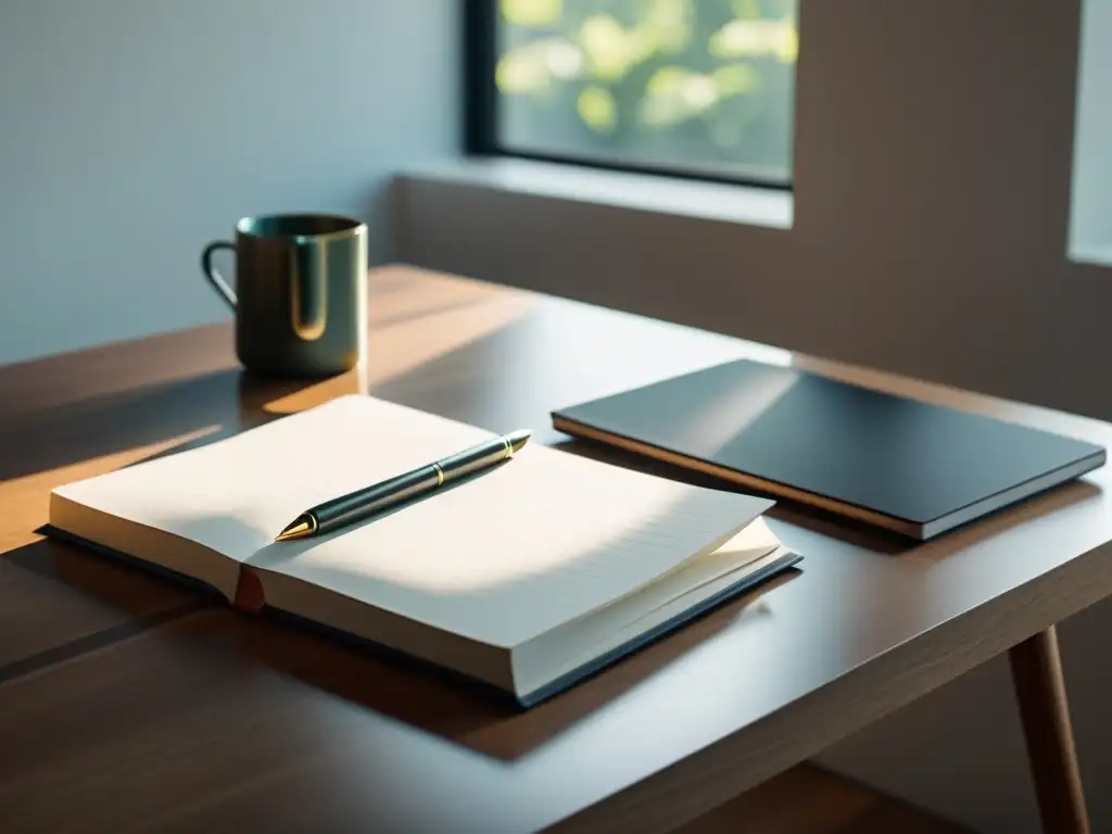 Escritorio minimalista con laptop moderna, cuadernos en blanco y una pluma