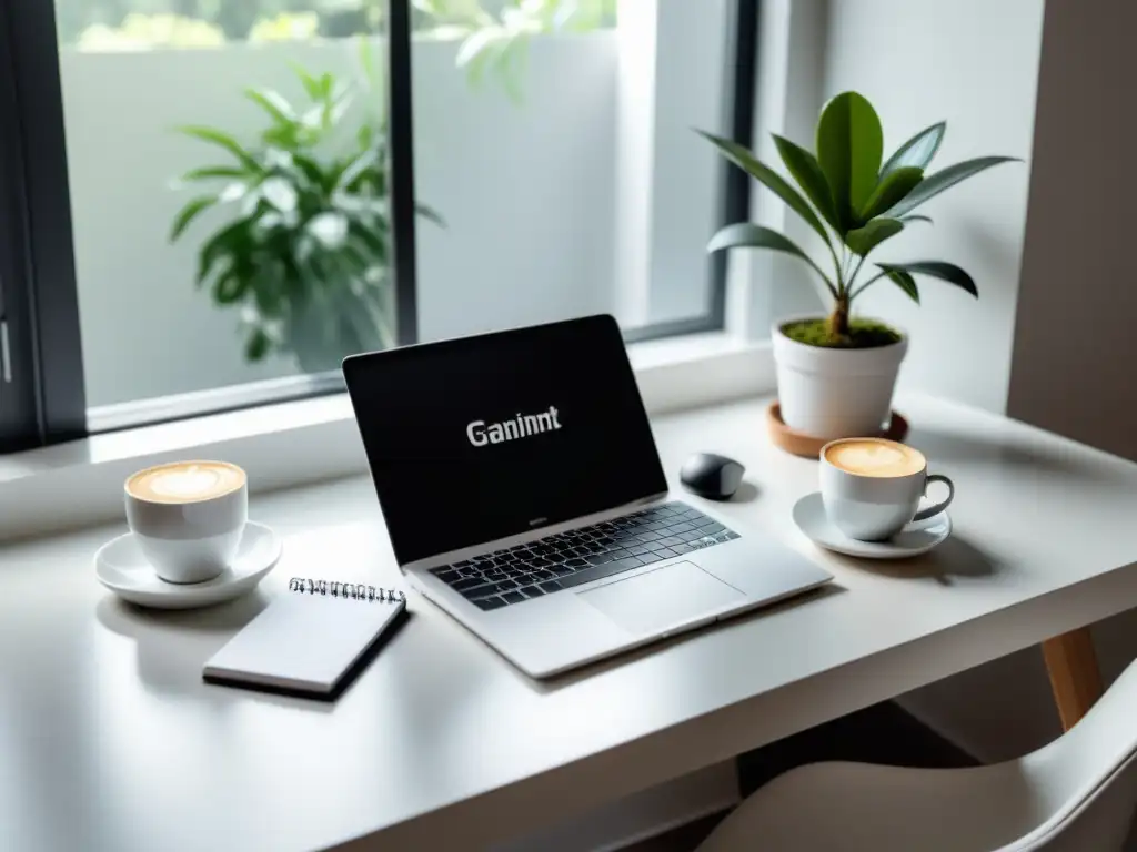 Escritorio minimalista con laptop, notas, café y planta, bañado en luz natural