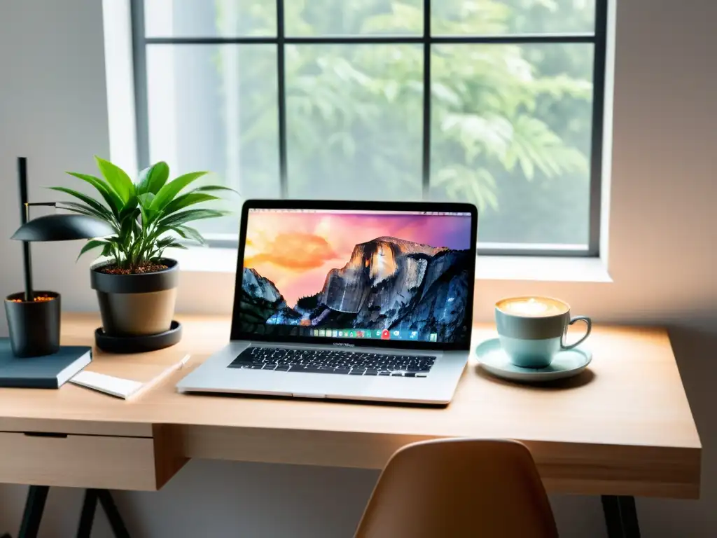 Escritorio minimalista para escribir con laptop, café y planta