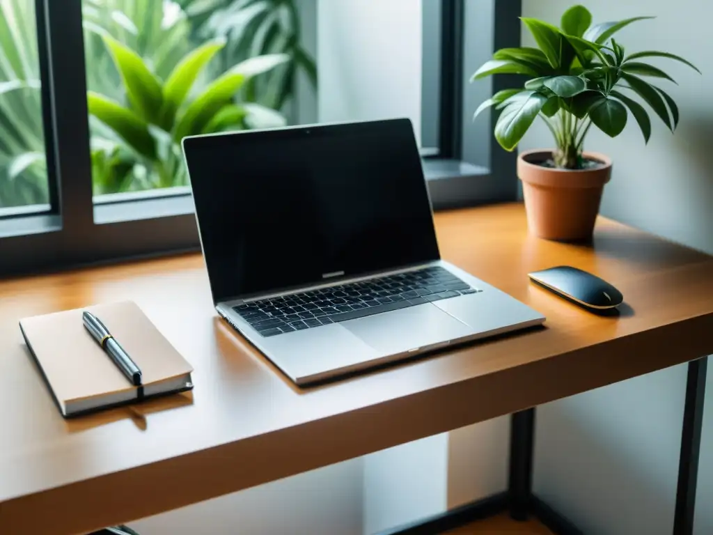 Escritorio minimalista con laptop plateada, cuaderno de piel y pluma elegante, bañado en luz natural