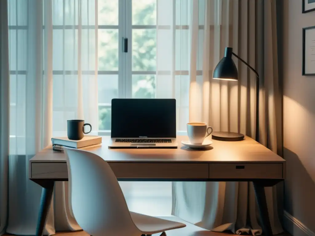 Escritorio minimalista con laptop, café, libreta y pluma, bañado en luz natural, fomentando el uso de experiencias personales en escritura