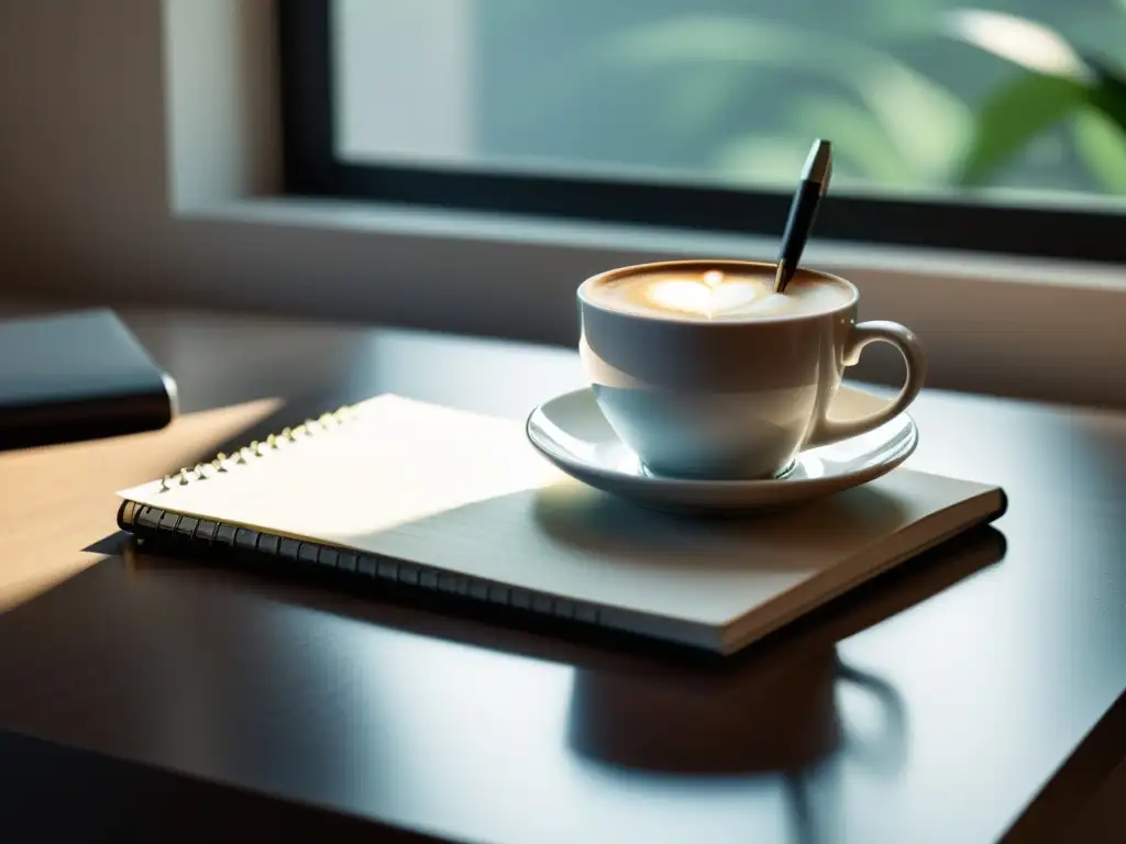 Escritorio minimalista con cuaderno en blanco, café y pluma Un escritorio minimalista con libreta en blanco, café y pluma